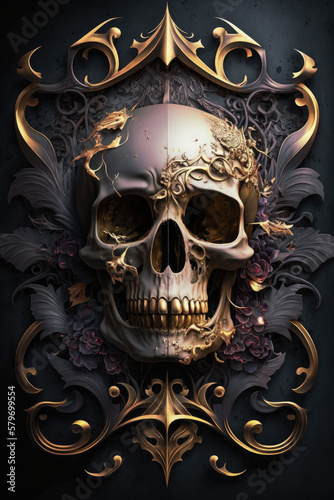 Gothic Skull with a Touch of Gold - Dark and Glamorous Artwork | Skull PNG | AI Generated 