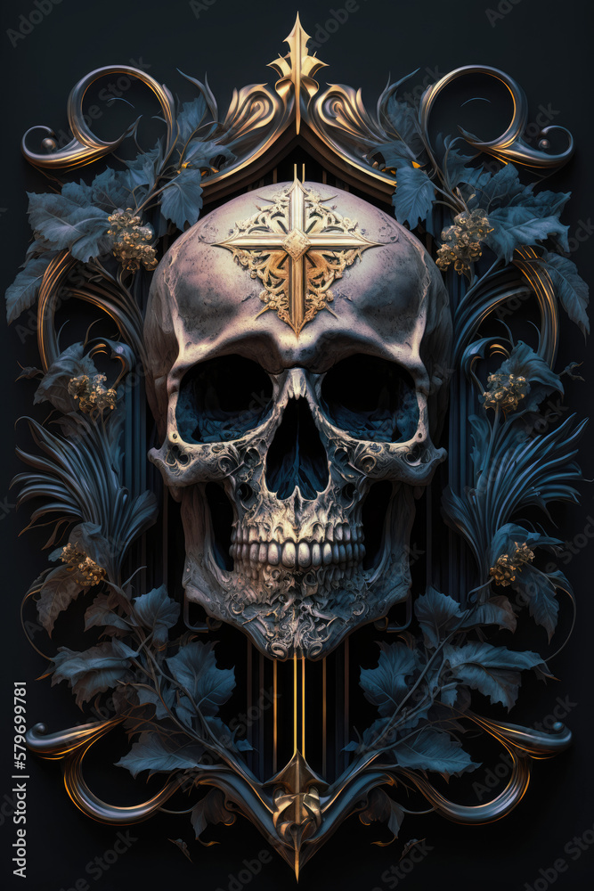 Gothic Skull with a Touch of Gold - Dark and Glamorous Artwork | Skull PNG | AI Generated
