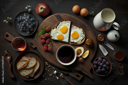 Rustic Wooden Table with a delicious, energetic and a healthy breakfast. Superfood for Health. Ai generated art