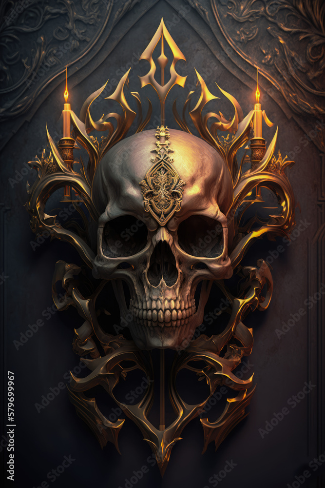 Gothic Skull with a Touch of Gold - Dark and Glamorous Artwork | Skull PNG | AI Generated
