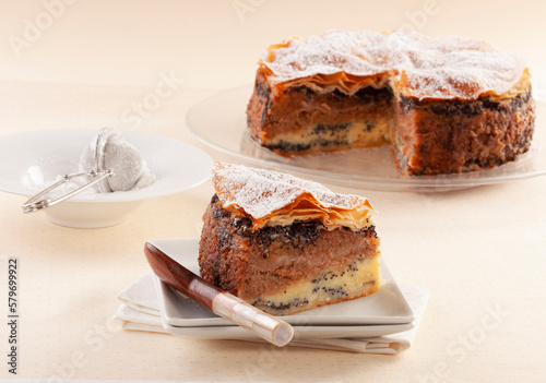 Slovenian traditional cake. Exquisite traditional cake with poppy seeds, walnuts, cottage cheese and apple layers, called Prekmurska gibanica. photo