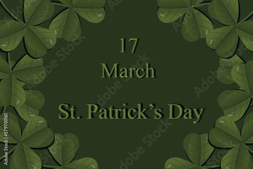 Big horizontal banner with green clover in cut out paper style and inscription saint patrick's day