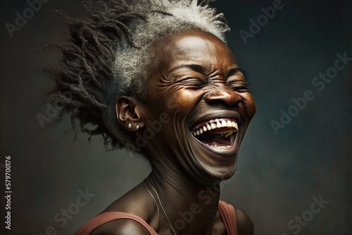 Black woman laughing out loud. This is a Royalty-free fictitious generative AI artwork that doesn't exist in real life. 