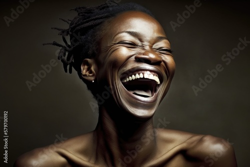 Black woman laughing out loud. This is a Royalty-free fictitious generative AI artwork that doesn't exist in real life. 