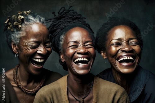 Group of three Black women laughing out loud. This is a Royalty-free fictitious generative AI artwork that doesn't exist in real life. 