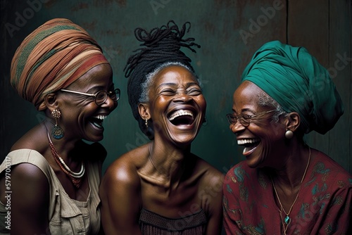 Group of three Black women laughing out loud. This is a Royalty-free fictitious generative AI artwork that doesn't exist in real life. 