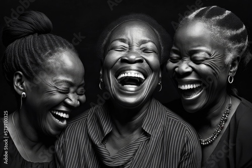 Group of three Black women laughing out loud. This is a Royalty-free fictitious generative AI artwork that doesn't exist in real life. 