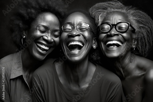 Group of three Black women laughing out loud. This is a Royalty-free fictitious generative AI artwork that doesn't exist in real life. 