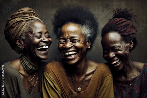 Group of three Black women laughing out loud. This is a Royalty-free fictitious generative AI artwork that doesn't exist in real life. 