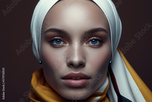 Beautiful girl in hijab, a Muslim woman, This is a Royalty-free fictitious generative AI artwork that doesn't exist in real life.