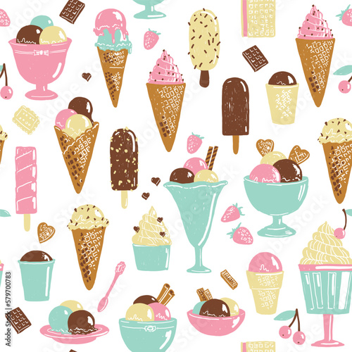 Seamless pattern with different types of ice cream, sketch illustration.