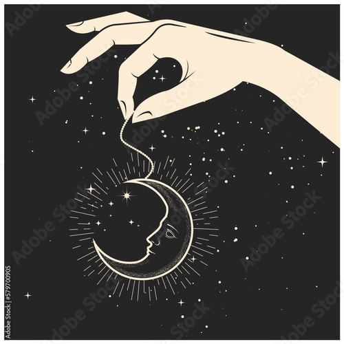 Hand with mystic pendant of moon face, pendulum with crescent , amulet of oneiromancy, witchcraft and divination, vector