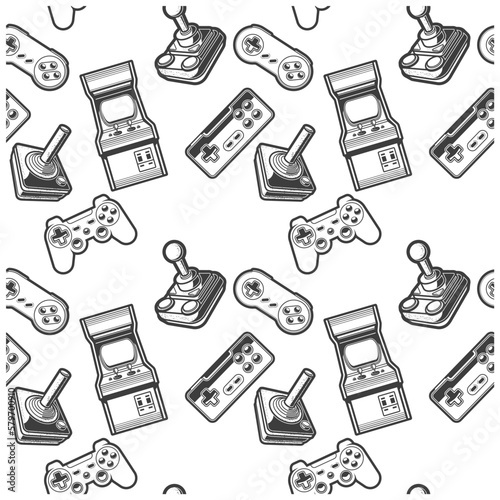Seamless retro background with arcade game machine, old joysticks and game controllers, vintage gamepad, vector