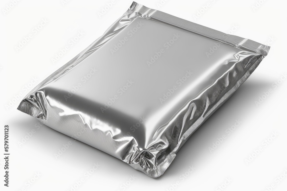 Blank foil food pack isolated on white background. Royalty-free fictitious generative AI artwork that doesn't exist in real lif Blank foil food pack isolated on white background. Royalty-free fictitious generative AI artwork that doesn't exist in real lif