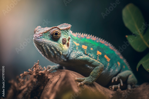 Green chameleon with textured skin close-up, blurred tropical background. Multi-colored skin of a chameleon in nature. Generative AI.