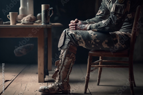 A man in military uniform with a prosthetic leg sits on a chair, modern bionic prosthesis, loss of a limb in war, veteran. Generative AI.