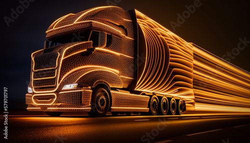 Futuristic LED lights truck driving at night. Black and gold. Generative AI. © Photo And Art Panda