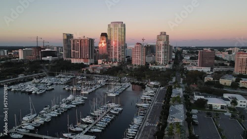 Aerial view of downtown St Petersburg during sunrise before hurricane Milton. photo