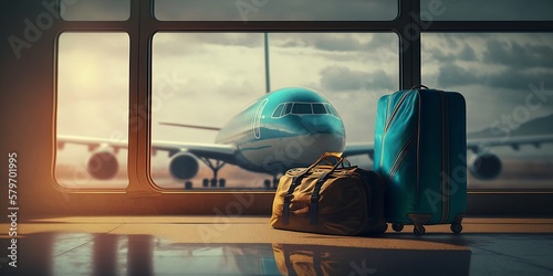 des bagages dans un hall d'aéroport, devant une baie vitrée avec un avion en arrière-plan - generative ai