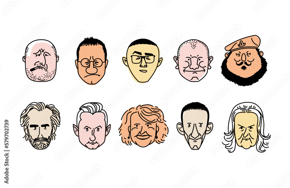 Cartoon woman man face. Senior, mature adult people, diverse characters set, different shapes. Funny person. Collection of facial expressions. Vector line hand drawn sketch Illustration Cartoon woman man face. Senior, mature adult people, diverse characters set, different shapes. Funny person. Collection of facial expressions. Vector line hand drawn sketch Illustration