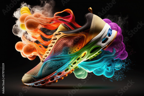 studio photography of colorful sports shoes with colored smoke background. Ai generative