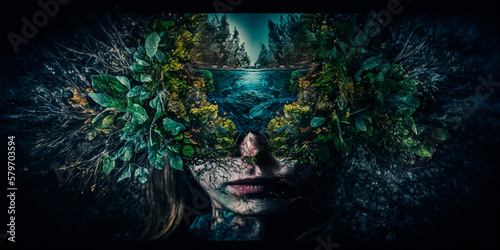 Stylish abstract image of nature in the form of a woman in spring and summer  a blurry pattern of leaves and flowers  a change of seasons in the form of a girl. Generative AI.