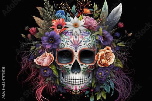 Mexican katrina skull mask decorated with flowers typical of the Dia de los muertos. Mexican religious tradition. Halloween.Ai generative photo
