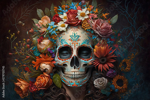 Mexican katrina skull mask decorated with flowers typical of the Dia de los muertos. Mexican religious tradition. Halloween.Ai generative
