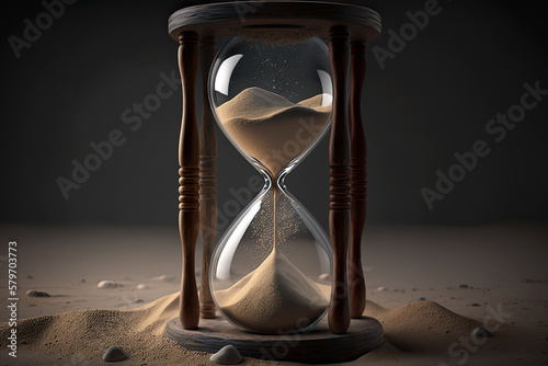 wooden hourglass on desert dune background. Ai generatine photo