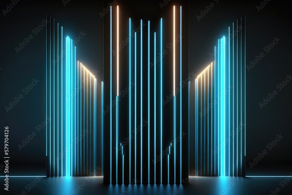 abstract vertical neon lines glowing in the dark. Laser rays virtual performance on the stage. Minimal geometric design generative ai illustration abstract vertical neon lines glowing in the dark. Laser rays virtual performance on the stage. Minimal geometric design generative ai illustration