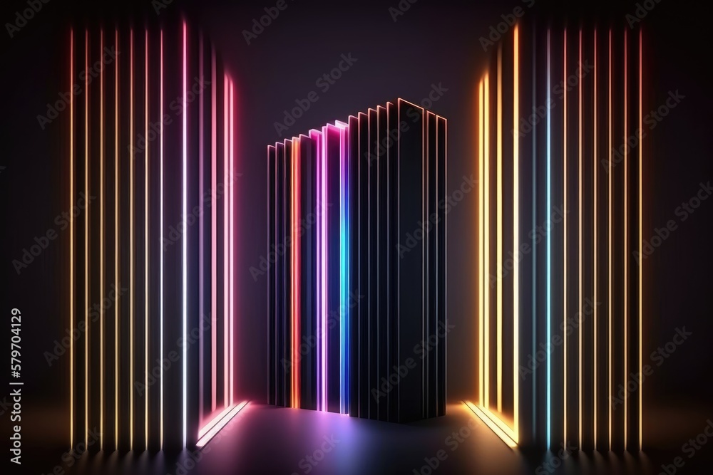 abstract vertical neon lines glowing in the dark. Laser rays virtual performance on the stage. Minimal geometric design generative ai illustration abstract vertical neon lines glowing in the dark. Laser rays virtual performance on the stage. Minimal geometric design generative ai illustration