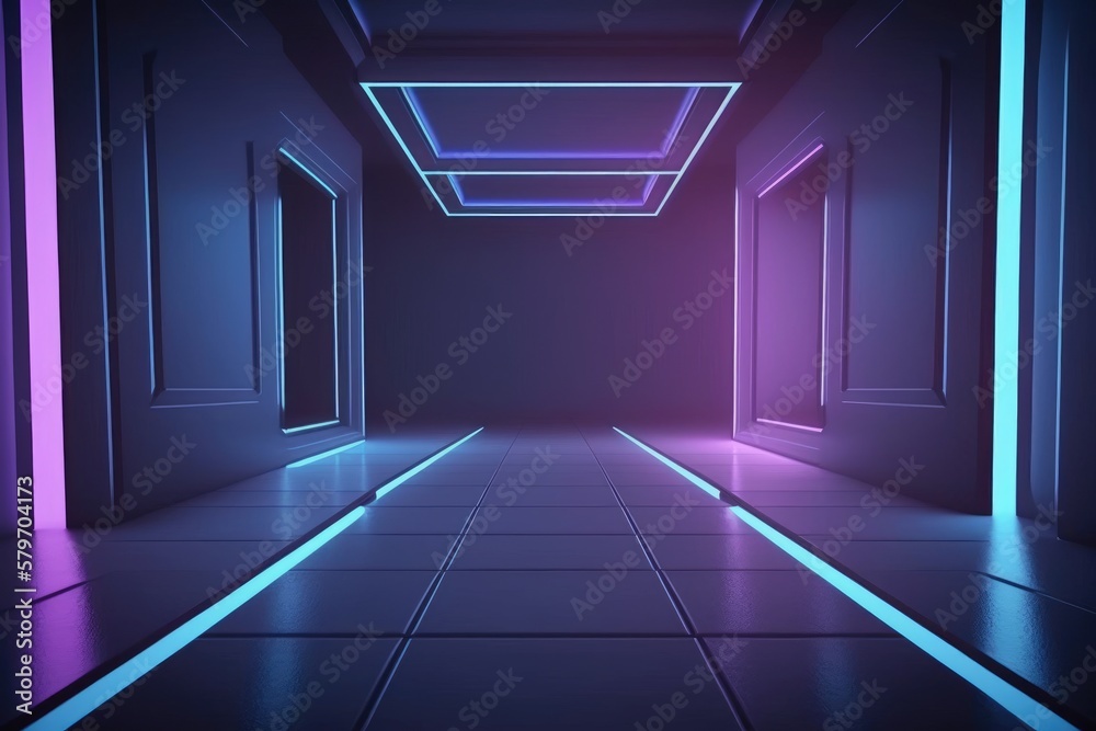 ultraviolet light room in neon 80's retro style empty space with reflective floor,  abstract generative ai  background