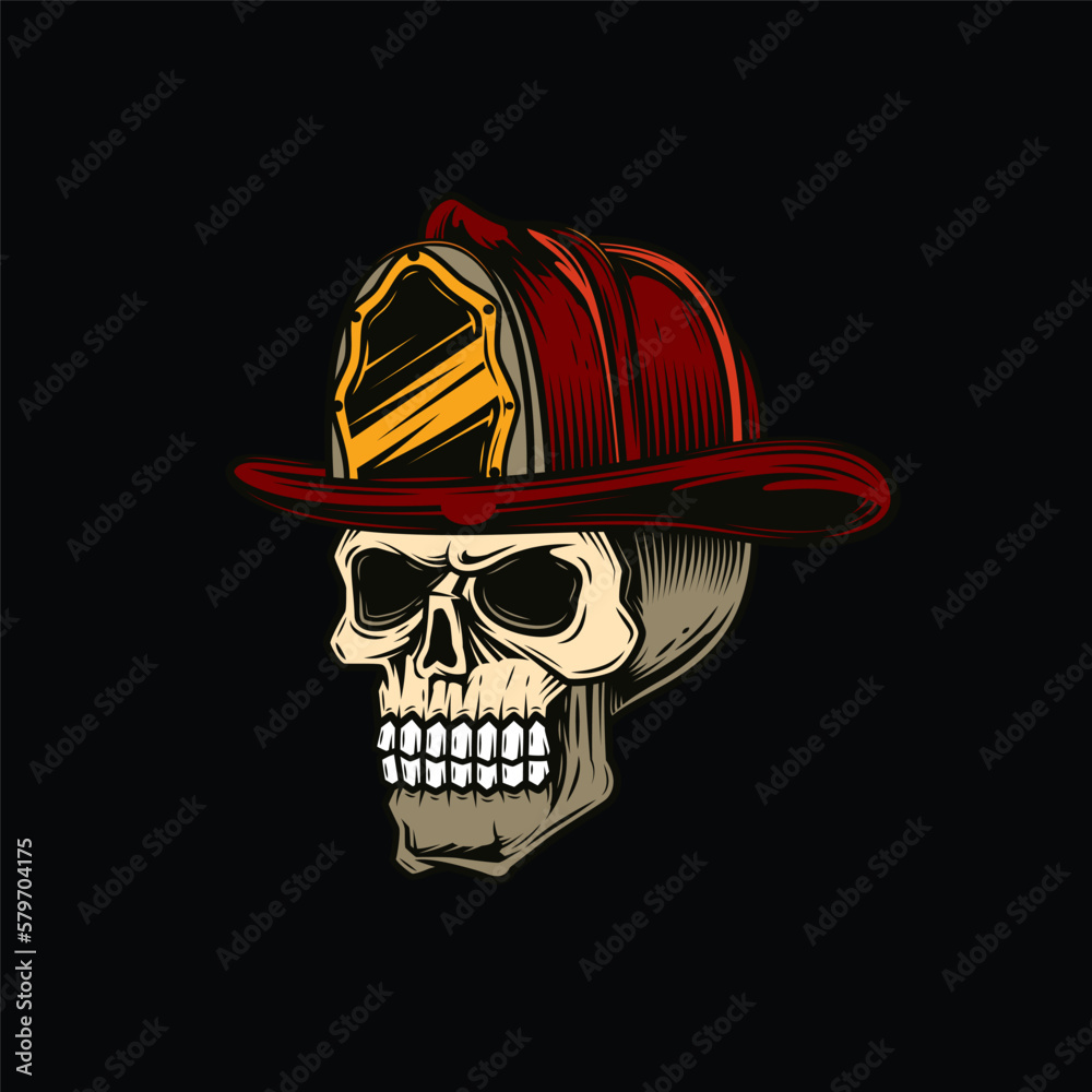 Original vector illustration in vintage style. A skull in a fire helmet ...