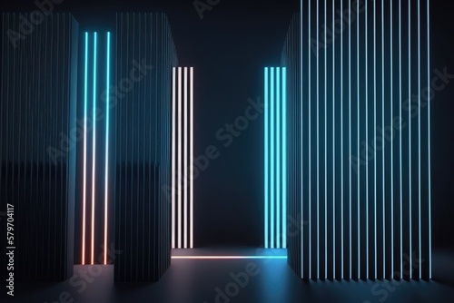 abstract vertical neon lines glowing in the dark. Laser rays virtual performance on the stage. Minimal geometric design generative ai illustration © Ecleposs