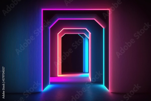 abstract square colorful neon background illuminated with glowing colored light generative ai light lines artwork 