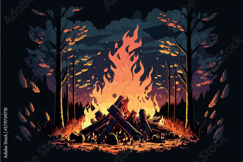 Campfire in the forest in the night. Vector illustration of fire in the nature. Traveling illustration. Holiday camp, cartoon style landscape. Mountain vacation. Bonfire in the wood for picnic. 