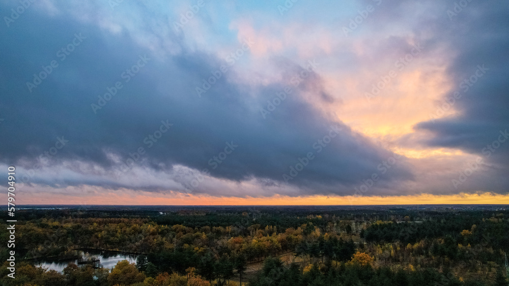 Beautiful colored forest during fall. Aerial drone picture of Belgian forest in Antwerp in autumn shot by a drone. High quality photo