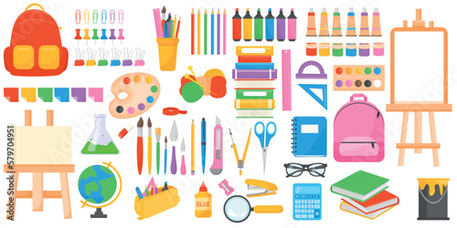 Vector cartoon set of school stationery. A variety of bright educational elements for your design. The concept of study and work.