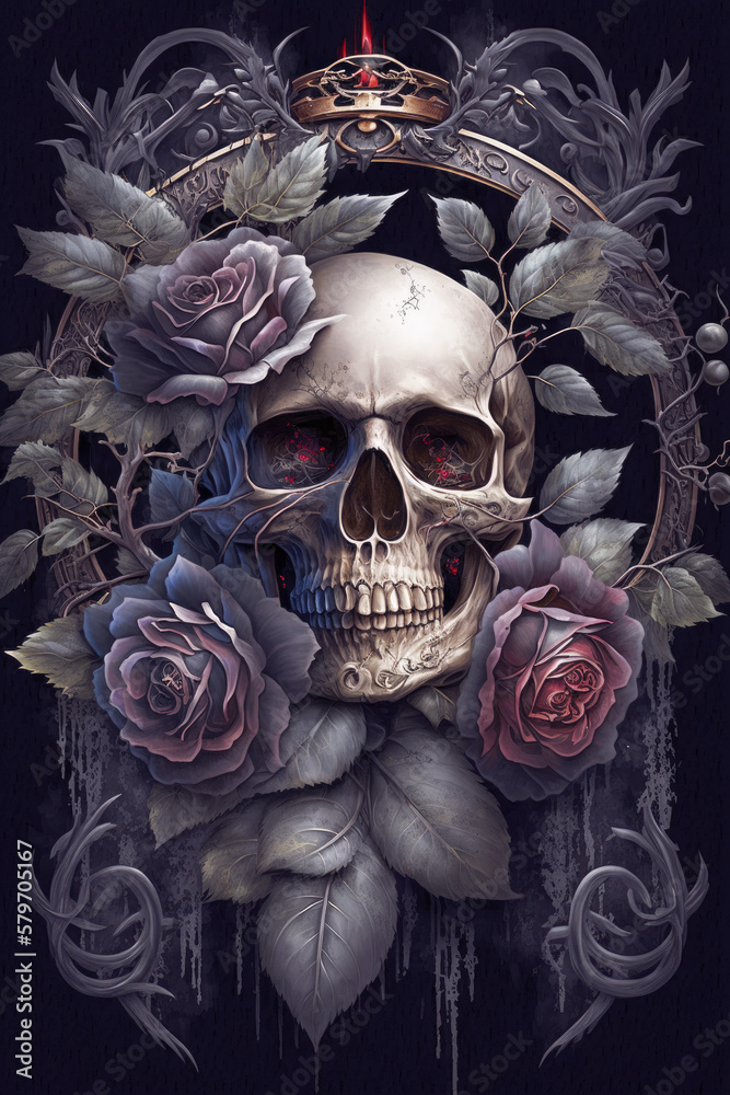 Gothic Skull with Black Roses Dark and Moody Artwork Skull PNG | AI Generated Gothic Skull with Black Roses Dark and Moody Artwork Skull PNG | AI Generated