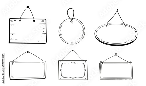Empty door tag set vector. Supermarket haning labels. Shop door badge illustration in doodle sketch style.