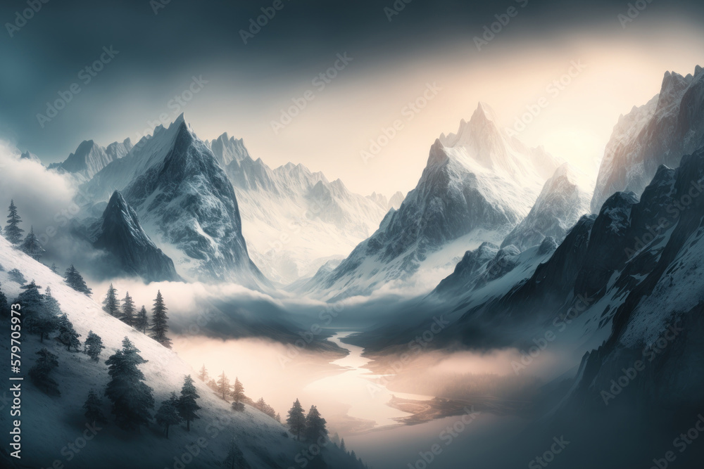 Foggy dawn in the mountains. Fairy-tale landscape in pale blue tones. Photorealistic illustration generated by AI.
