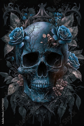 Gothic Skull with Black Roses Dark and Moody Artwork Skull PNG     AI Generated