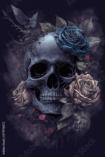 Gothic Skull with Black Roses Dark and Moody Artwork Skull PNG | AI Generated