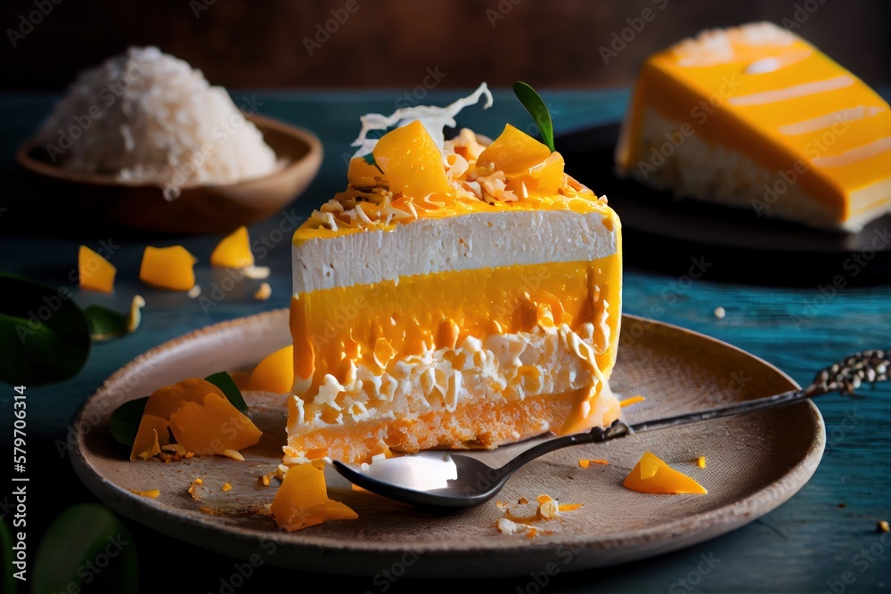 Mango Coconut Cake with layers of mango puree, coconut cream, and ...