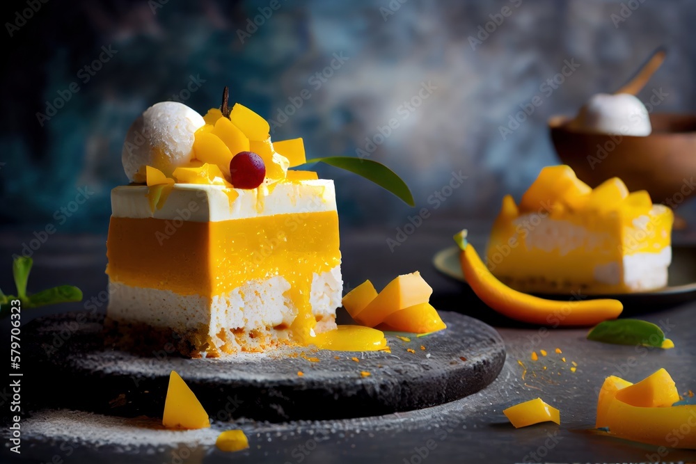 Mango Coconut Cake with layers of mango puree, coconut cream, and