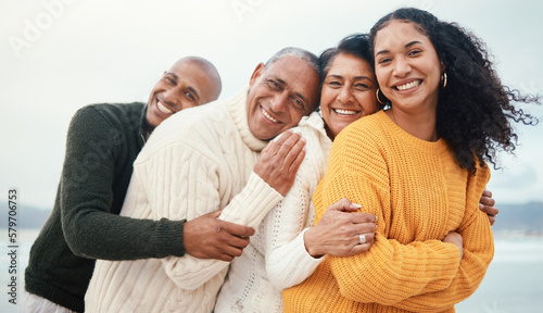 Принти на полотні Portrait, happy family and hug at the beach by siblings with mature parents on holiday, happy and bonding