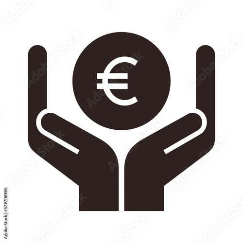 Hands and euro coin. Save money icon