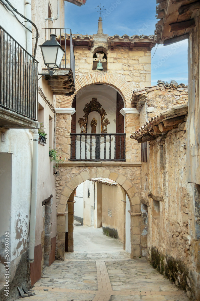 Chapel of San Antonio in a doorway in the Teruel village of Fuentespalda, Teruel, Spain. Rural tourism concept