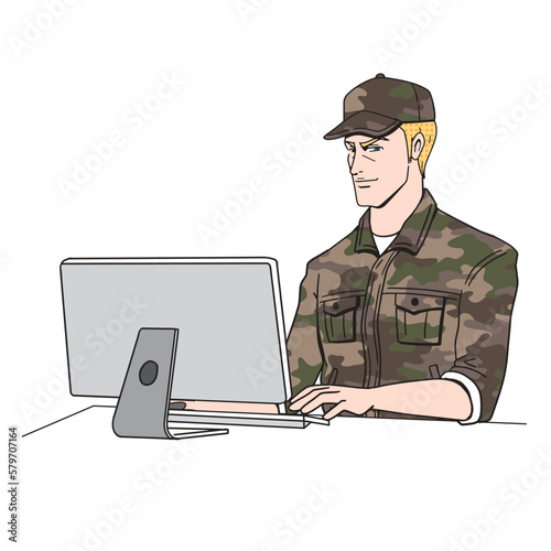 パソコン作業をする白人自衛隊員