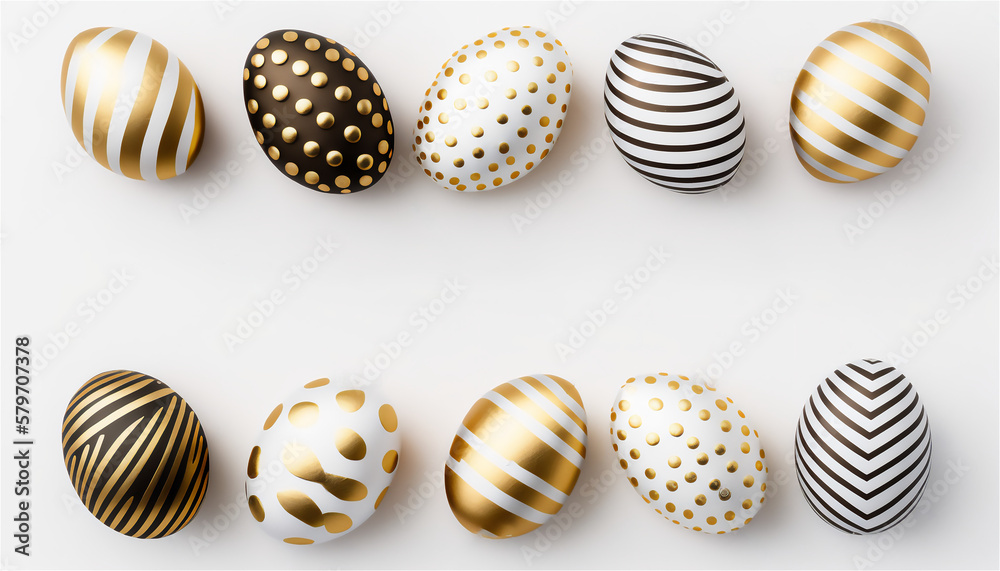 Top view Easter eggs painted with gold paint in various patterns. Various striped and dotted designs. White background. Space for copy
